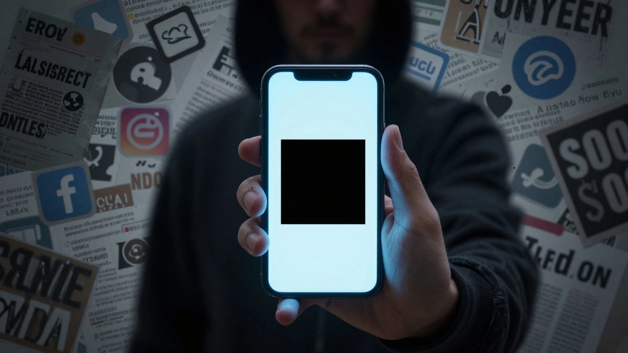 A hand posting a black square on a phone while chaotic, irrelevant links swirl behind it.