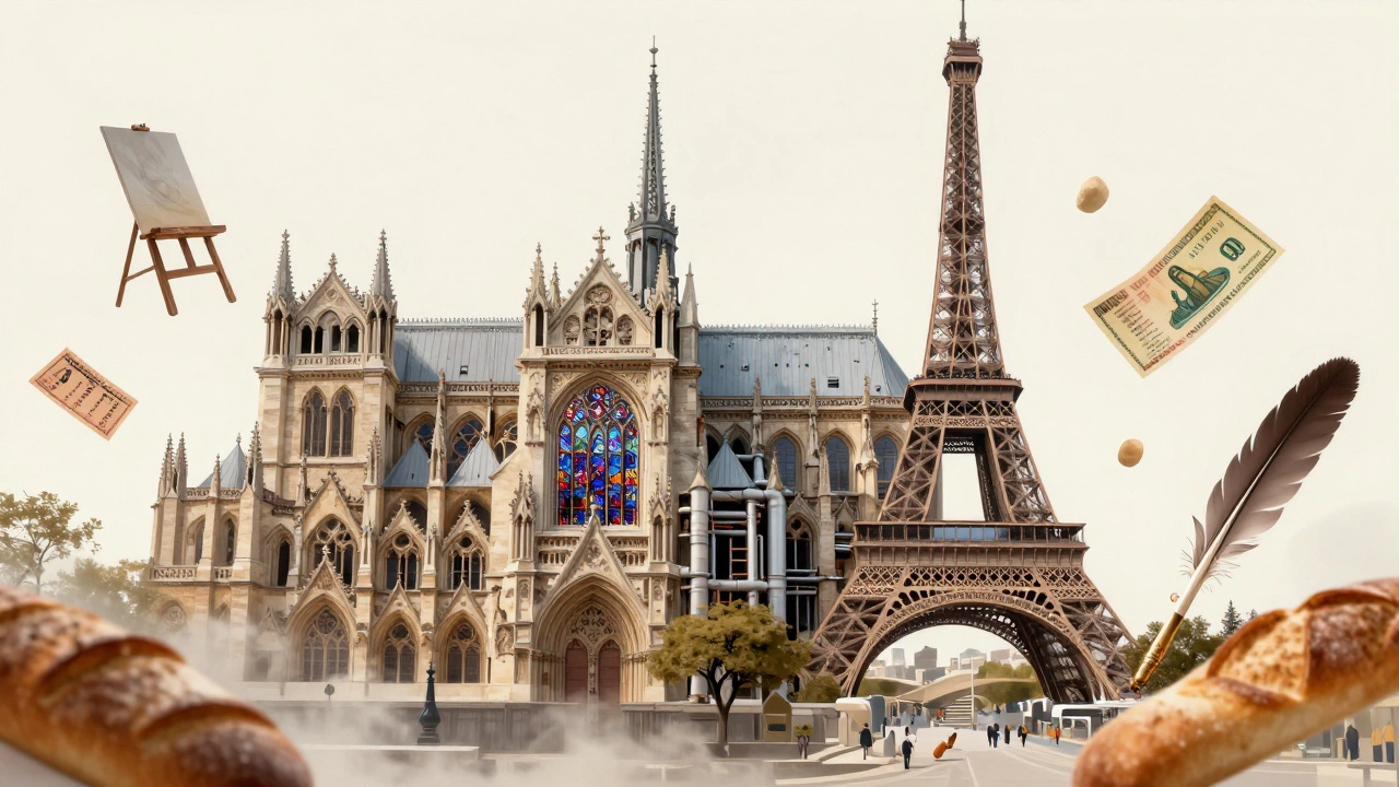 Abstract collage of Parisian architecture and cultural symbols floating in soft light.