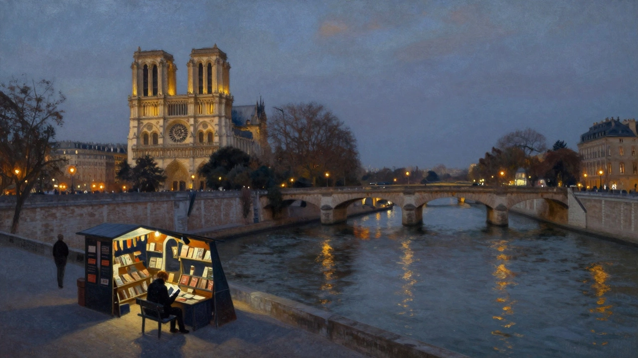 Twilight view of the Seine River reflecting historic bridges and Notre-Dame’s spire.
